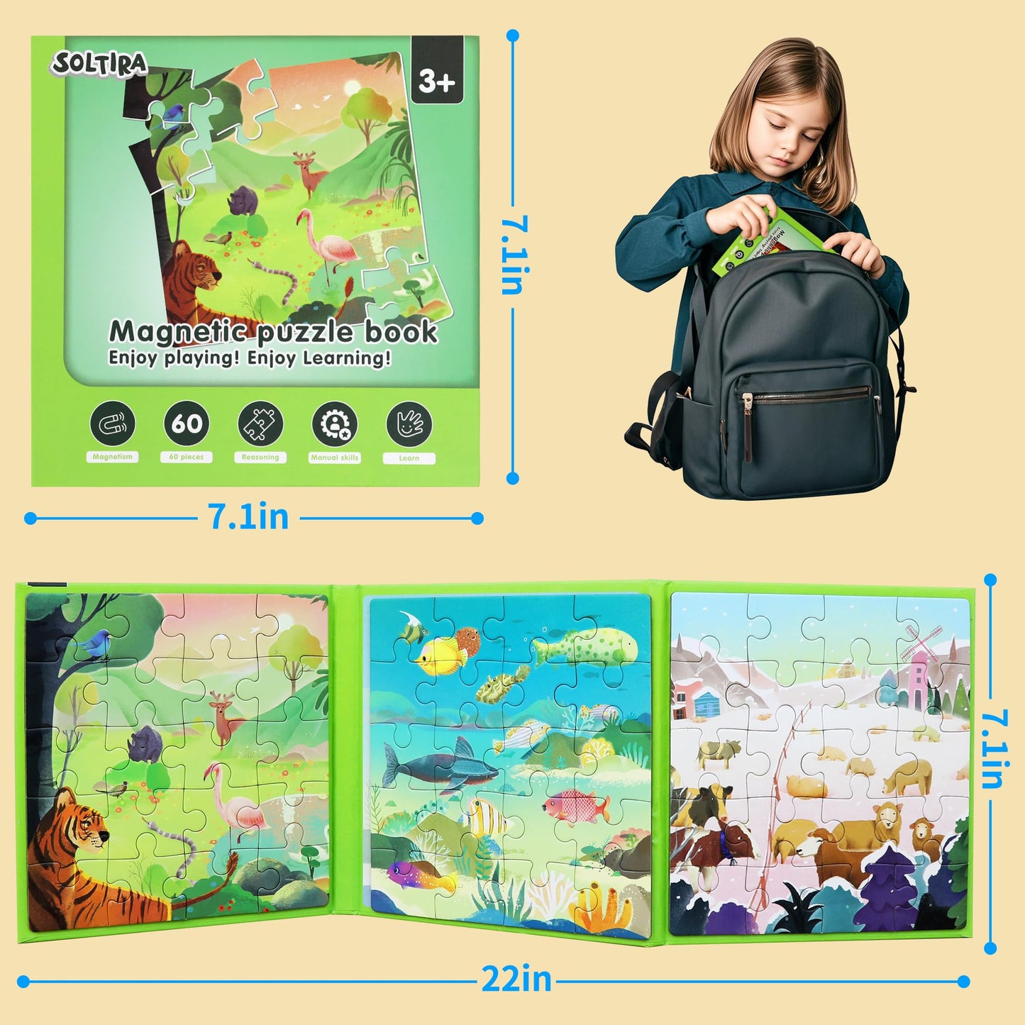 Magnetic Puzzles for Toddlers 3-5 60PCS-3 Animal Themes Magnetic Puzzles for Kids 4-6 Travel Puzzle for Airplane/Car/Road Trip/Gift Toys for 3 4 5 6 7 8 Girls and Boys