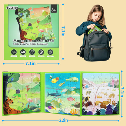 Magnetic Puzzles for Toddlers 3-5 60PCS-3 Animal Themes Magnetic Puzzles for Kids 4-6 Travel Puzzle for Airplane/Car/Road Trip/Gift Toys for 3 4 5 6 7 8 Girls and Boys