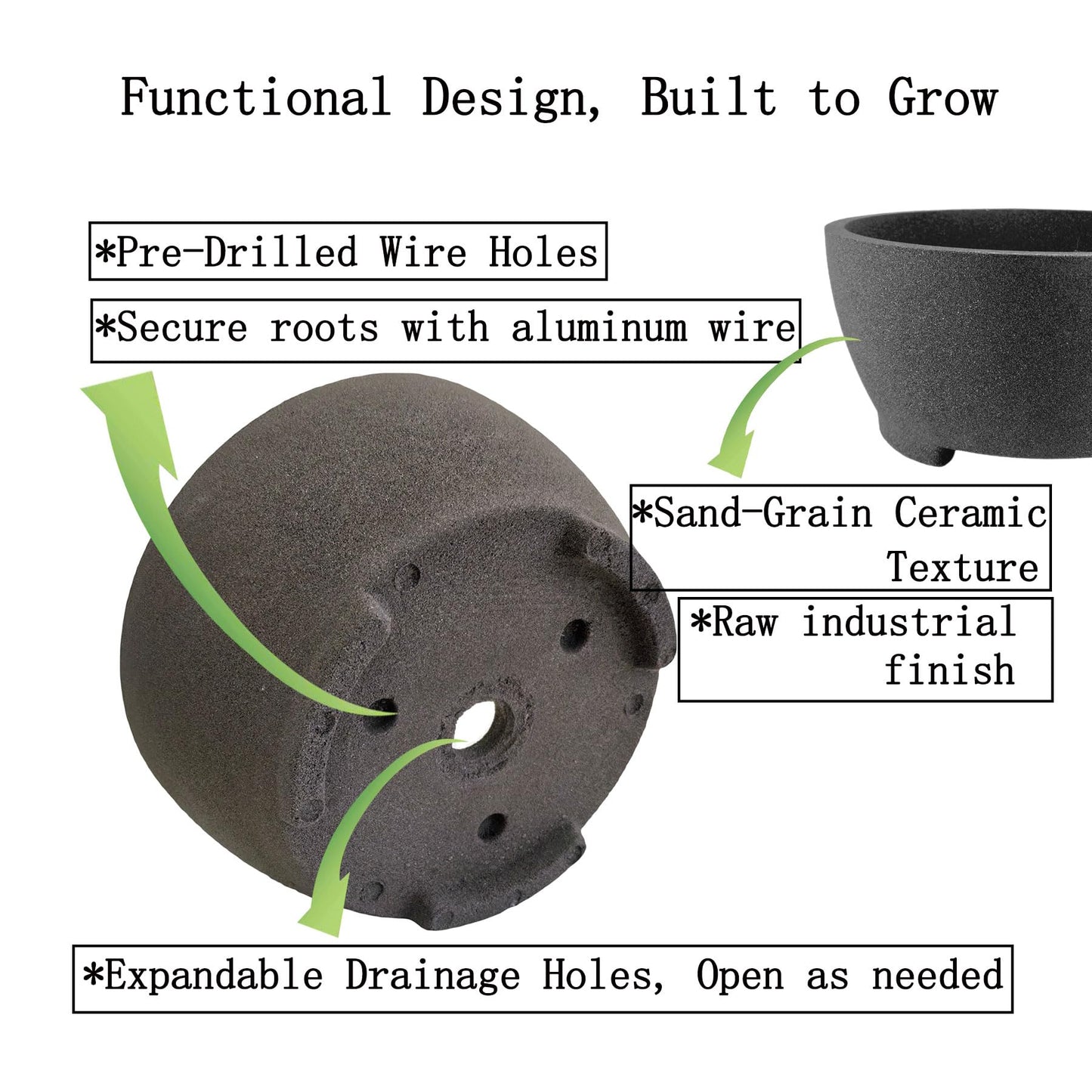 TINYVISTA 7” Gray Unglazed Bonsai Pot with Drainage Holes - Ceramic Clay Planter for Ficus Trees, Succulents & Indoor Plants, 3.3" High Round