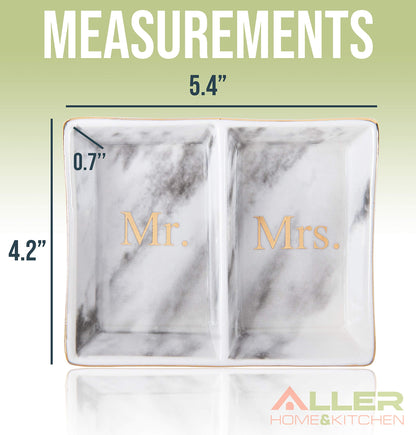 Aller Home & Kitchen Mr. & Mrs. Ring Dish - Marble Design Trinket Dish, Couples Ring Holder Dish - His and Hers Two Section Jewelry Dish Tray, Great for Wedding and Engagement Gifts