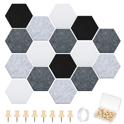 Mindsoft 16 Pcs Hexagon Cork Board for Walls with 50 Wooden Push Pins 6.7 x 5.9 in Felt DIY Tiles Notice with Nano Tape Hanging Bulletin Board for Home Photo Office Memo Note(Grey)