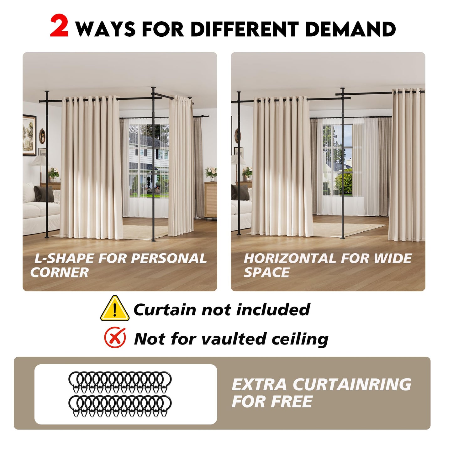 Curtain Rods No Drilling for Room Divider, Tension Curtain Rod 180in Wide Adjustable Wall Divider for Window Heavy Duty Partition Room Dividers Separation, Floor to Ceiling Space Privacy Separator
