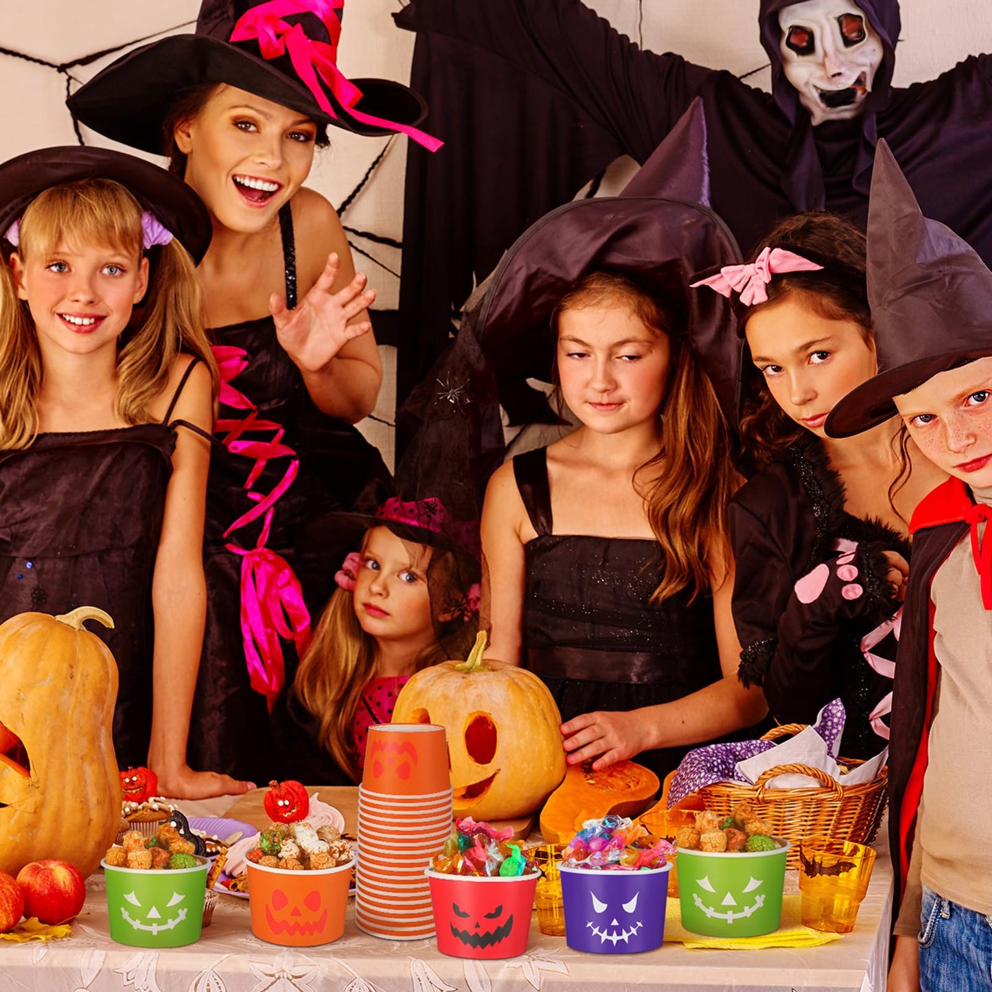 Uiifan 80 Pcs 8 Oz Halloween Disposable Cups Paper Snack Cups Halloween Party Cups Disposable Pumpkin Bowls for Adult Coffee Juice Hot Cold Drinks Candy Snack Party Supplies, 4 Styles