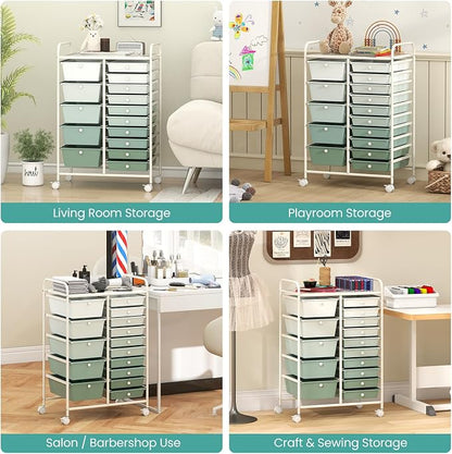 LDAILY 15 Drawer Rolling Storage Cart, Rolling Cart with Drawers for Classroom, Art Supply Craft Organizer on Wheel with Metal Frame & Handles for Home Office School (Gradient Green, 15 Drawer)