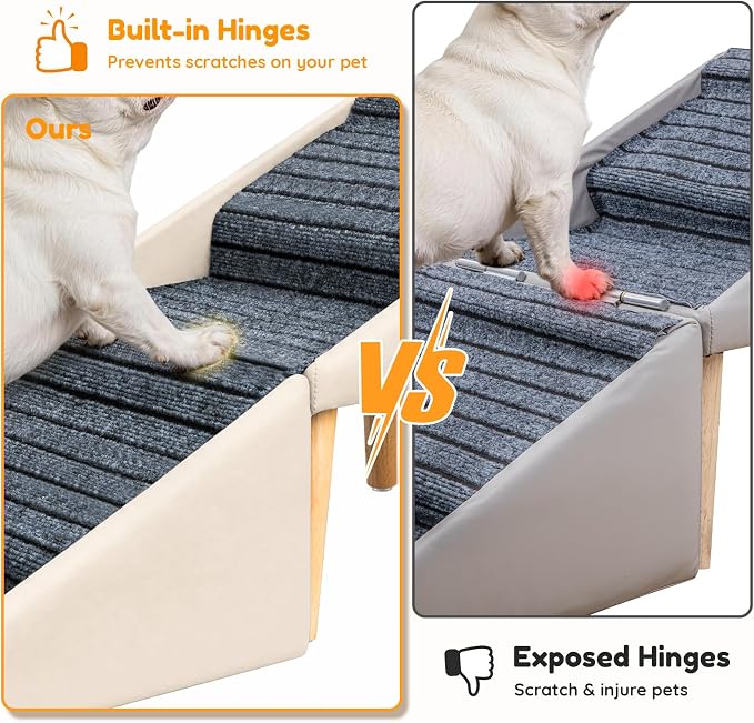 17" H Dog Stairs for Small Dogs – 4-Step Non-Slip Dog Ramp for Couch, Foldable 2-in-1 Pet Stairs & Ottoman, Upgraded Pet Steps for Puppies, Senior Dogs & Injured Pets, Solid Wood Frame (Beige)
