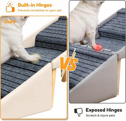 17" H Dog Stairs for Small Dogs – 4-Step Non-Slip Dog Ramp for Couch, Foldable 2-in-1 Pet Stairs & Ottoman, Upgraded Pet Steps for Puppies, Senior Dogs & Injured Pets, Solid Wood Frame (Beige)