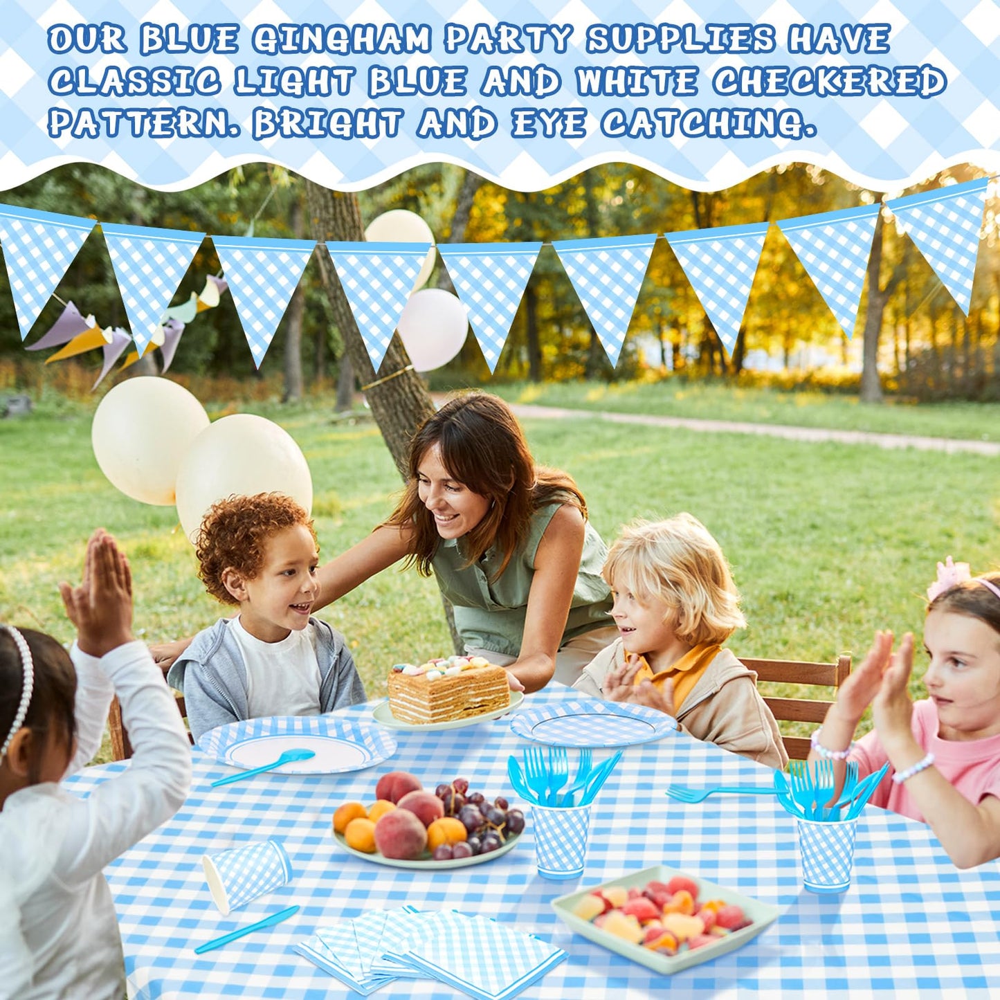 Preboun 198 Pcs Gingham Party Supplies for 24 Guests Checkered Plaid Tablecloth Pennant Banner Plate Cup Napkin and Cutlery for Picnic BBQ Birthday Baby Shower Party(Light Blue, White)