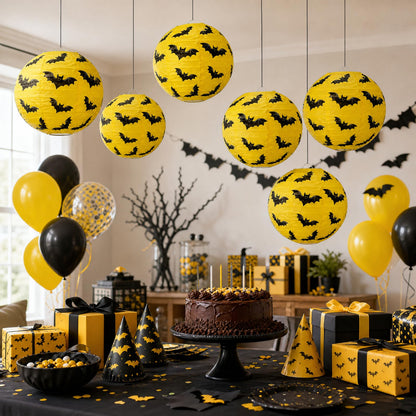 Glooglitter 12 Pcs Bat Paper Lanterns Hanging Decorations Yellow & Black Bat Theme Party Supplies for Birthday Baby Shower Halloween Party Ceiling Decor, 8 Inch
