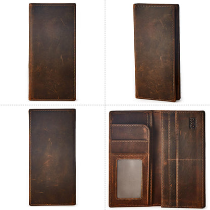 BRASS TACKS Leathercraft Vintage Long Wallet for Men Top Grain Leather Dark Brown Cowhide Bifold Wallet Gift Box