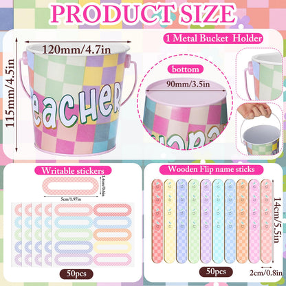 ReliThick 101 Pcs Pastel Checkerboard Flip Name Sticks with Metal Buckets Back to School Talking Sticks with Metal Holder Set for Classroom Management Tool Teacher Essentials Educational Activities