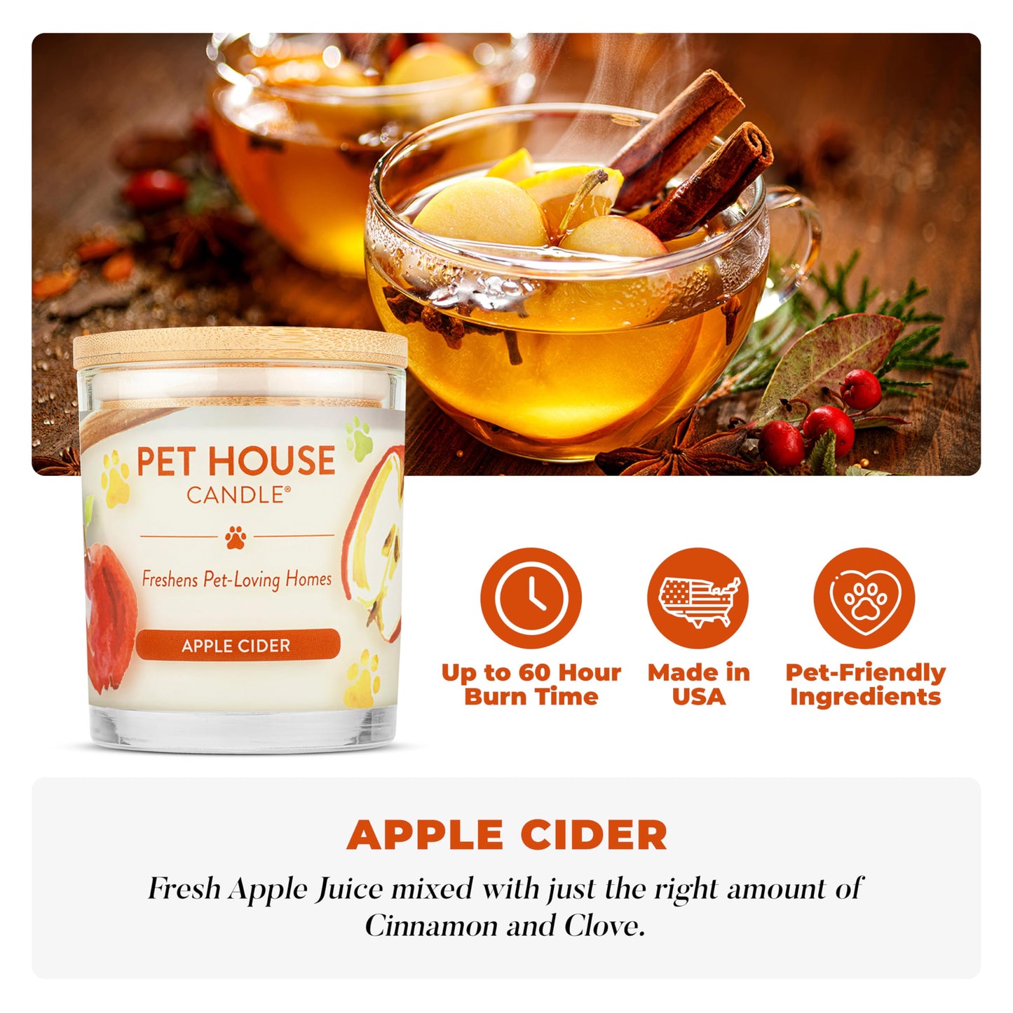 One Fur All Pet House Fall Candles, Long Lasting, Clean Burning, Soy Wax Scented Candles for Pet Odor, Apple Cider