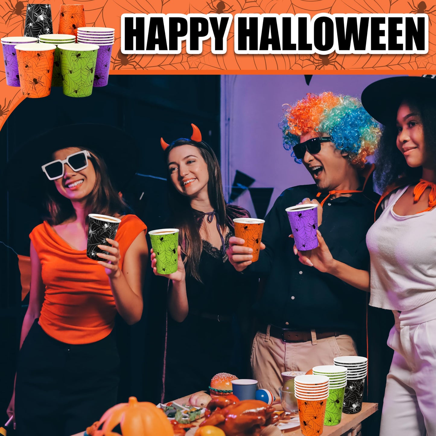 TREWAVE 48Pcs Halloween Paper Cups - 9oz Disposable Party Cups for Hot/Cold Drinks, Snacks - Spider Web Pattern Design in Orange, Purple, Black, Green - Festival Party Supplies