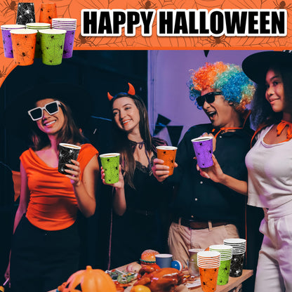 TREWAVE 48Pcs Halloween Paper Cups - 9oz Disposable Party Cups for Hot/Cold Drinks, Snacks - Spider Web Pattern Design in Orange, Purple, Black, Green - Festival Party Supplies