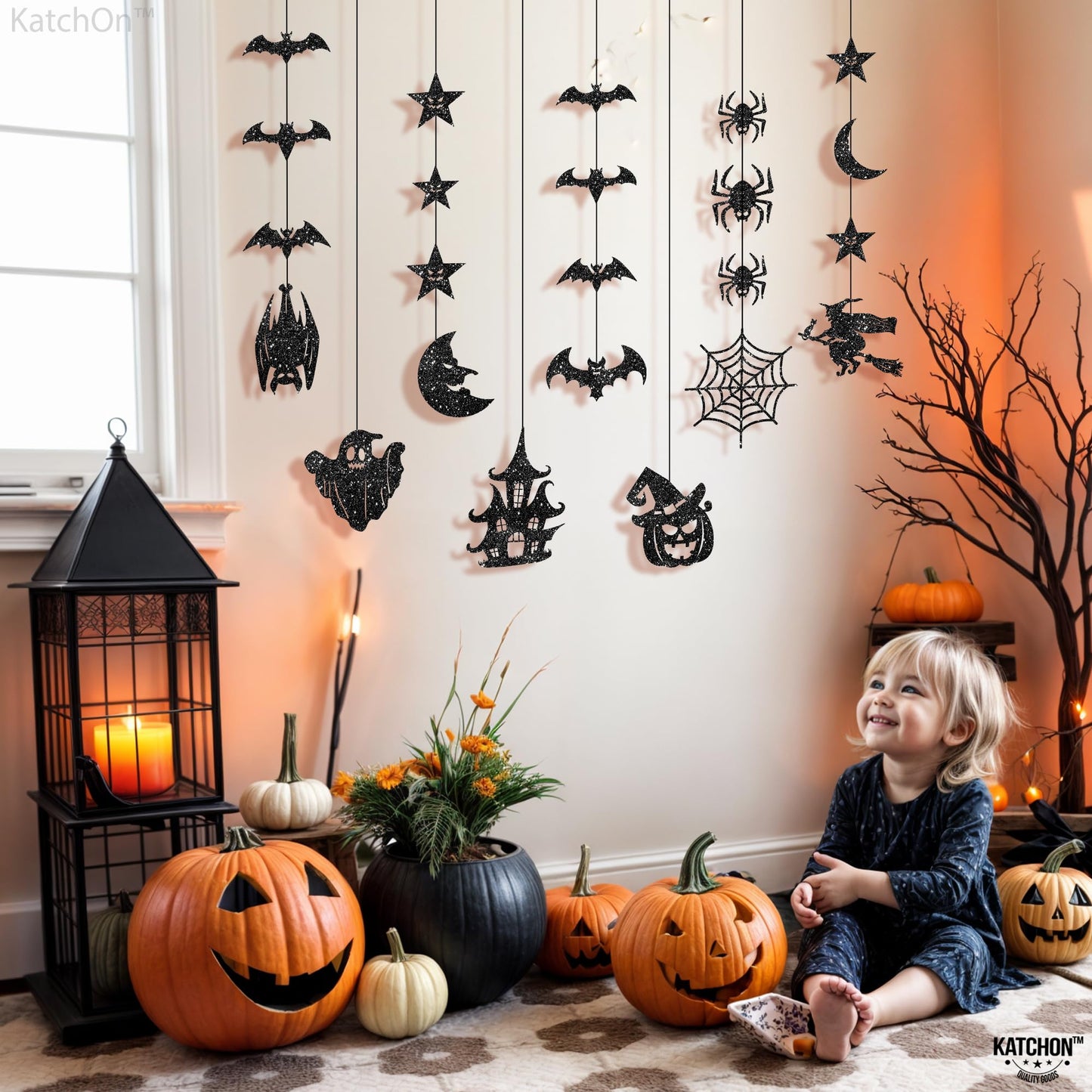 KatchOn, Glitter Black Halloween Garland - Huge, Pack of 10 | Halloween Party Decor Garland with Ghost, Witch, Skull, Raven, Pumpkin & Tree Cutouts | Spooky Party Hanging Decoration
