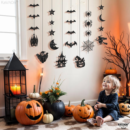 KatchOn, Glitter Black Halloween Garland - Huge, Pack of 10 | Halloween Party Decor Garland with Ghost, Witch, Skull, Raven, Pumpkin & Tree Cutouts | Spooky Party Hanging Decoration