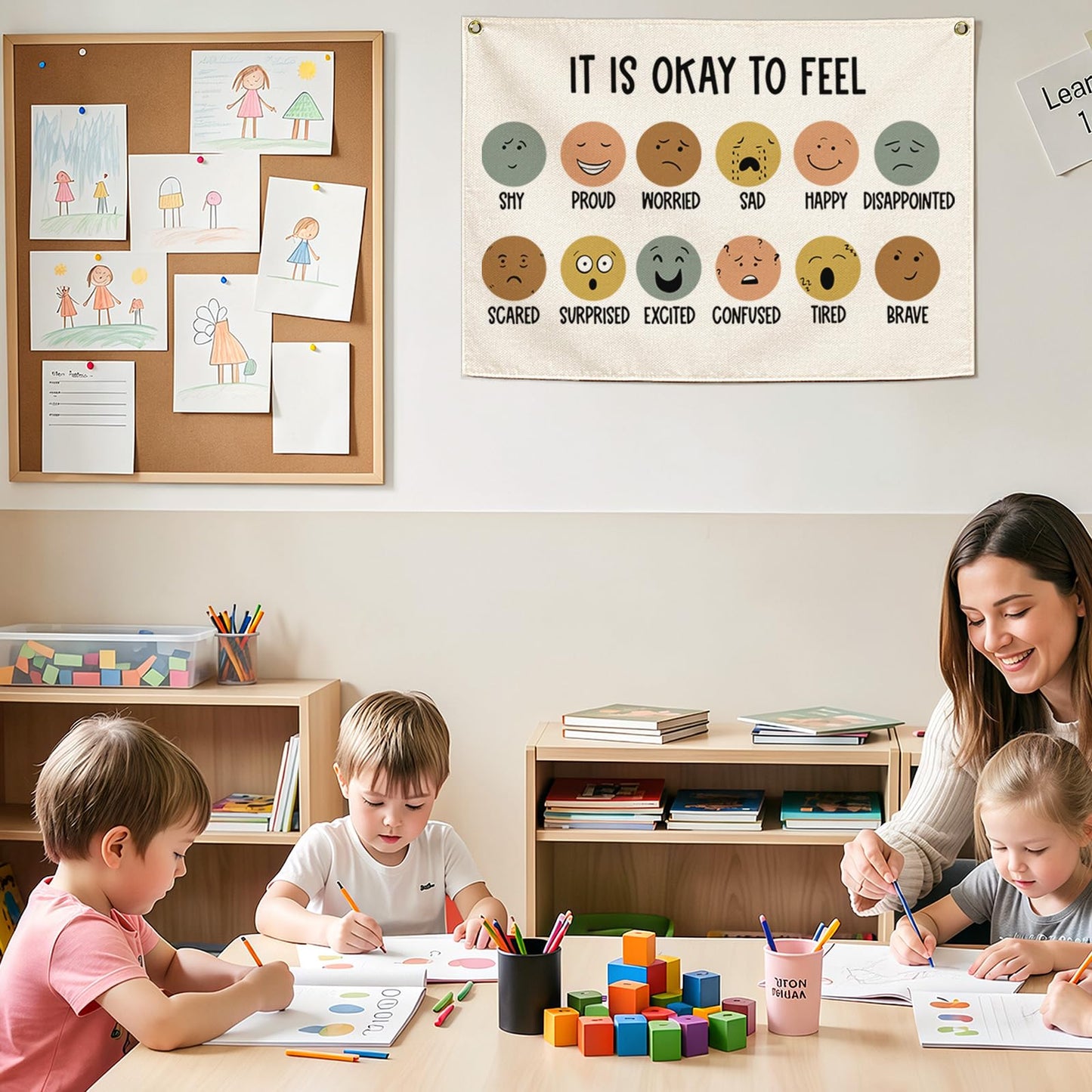 Classroom Wall Decor-Teacher Gift-Nursery Decor-Rectangular Banner Flag Wall Decor for Reading Room-Positive Growth Mindset Mental Health Quotes for Baby Kids Girl Boy-It is Okay to Feel-28.5"L×20"W