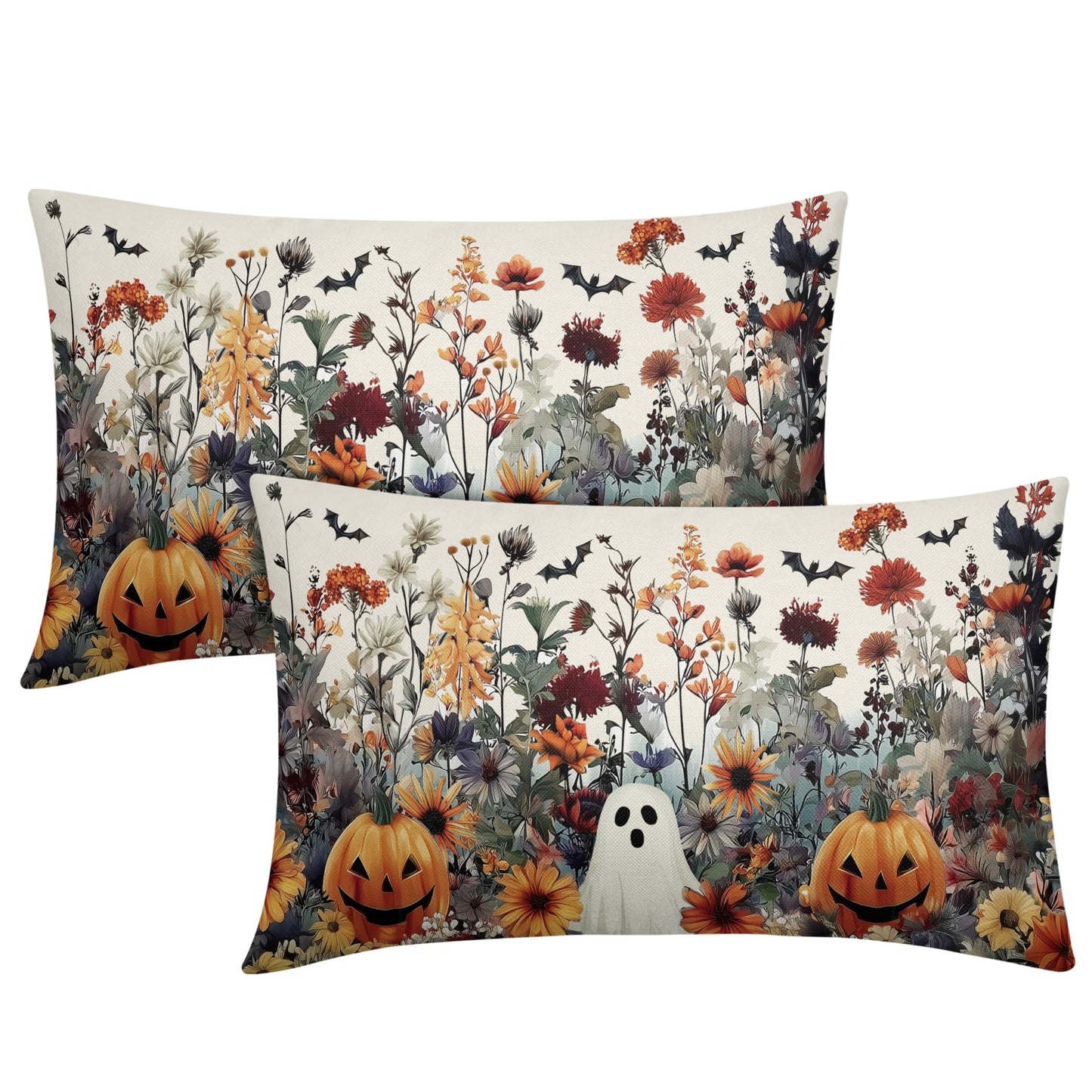 Halloween Pillow Covers 12x20 Inch Set of 2 Ghost Pumpkins Bats and Wildflower Horror Cotton Linen Decorative Throw Pillow Cases Spooky Holiday Cushion Covers for Bedroom Living Room Sofa Couch Chair