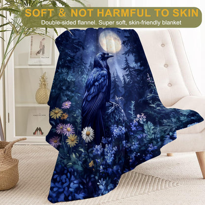 ainori Raven and Moonlit Forest Flannel Blanket - Lightweight Soft Cozy Gifts Blankets for Gothic Lovers, Men,Women,Goth Mystical Night Style Throw,Home Room Modern Halloween Decor 50x60in