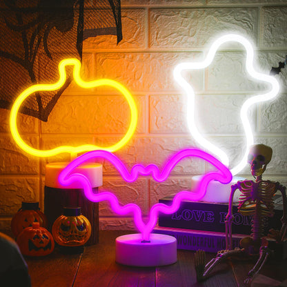 VIHOSE 3 Pcs Neon Light Halloween Decorations LED Lamps Ghost Pumpkin Bat Shape Neon Signs Decorative Battery Operated Night Lights with Holder Base for Bedroom Table Desk Room home Party Bar Gifts