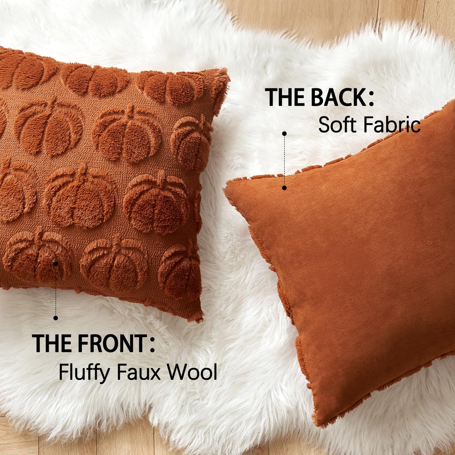 MIULEE Fall Throw Pillow Covers 18x18 Set of 2 Autumn Decorations Dark Rust Pumpkin Accent Pillowcase for Outdoor Porch Sofa Couch Bed Living Room Plush Faux Fur Halloween Farmhouse Home Decor