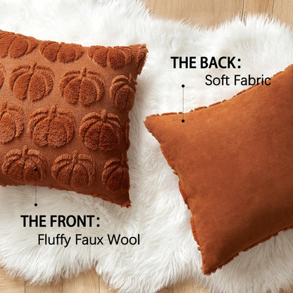 MIULEE Fall Throw Pillow Covers 18x18 Set of 2 Autumn Decorations Dark Rust Pumpkin Accent Pillowcase for Outdoor Porch Sofa Couch Bed Living Room Plush Faux Fur Halloween Farmhouse Home Decor