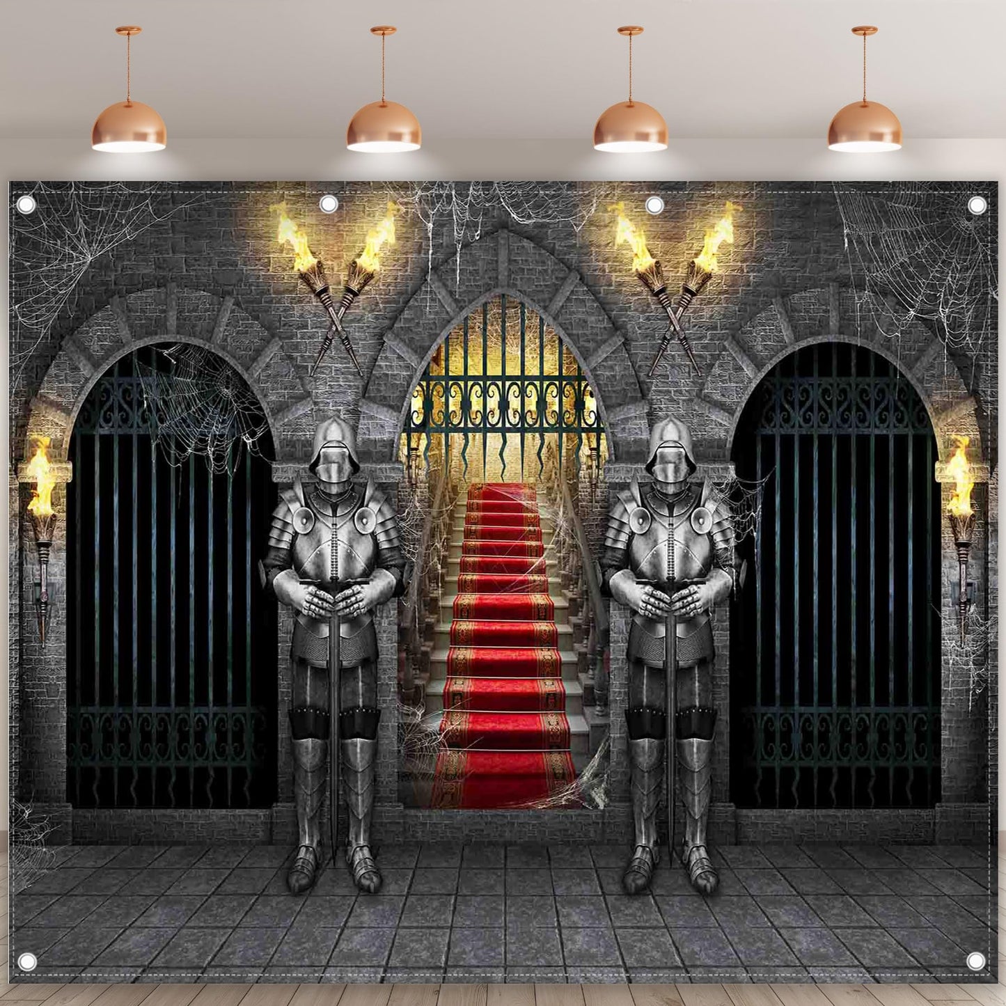 Swepuck 10x8ft Fabric Medieval Knight Photography Backdrop Castle Entrance Arches Torches Dungeon Background Halloween Night Party Decorations Photo Banner
