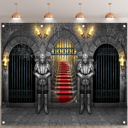 Swepuck 10x8ft Fabric Medieval Knight Photography Backdrop Castle Entrance Arches Torches Dungeon Background Halloween Night Party Decorations Photo Banner