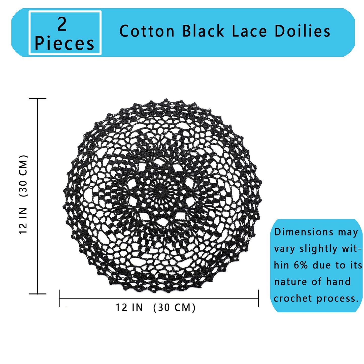 Qxzvzem 2 Pieces 12 Inch Halloween Doilies Crochet for Dressers and End Tables Crafts Disposable Small Valentines Doilies Cloth Lace Placemats Coasters Black Cotton Round Tablecloth