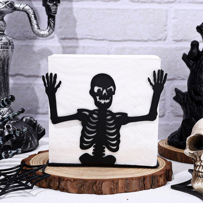 FYSUIMU Halloween Skeleton Napkin Holder Matte Black Metal Freestanding Tissue Dispenser Vertical Tabletop Decor Napkin Holder for Party Home Kitchen Restaurant Picnic