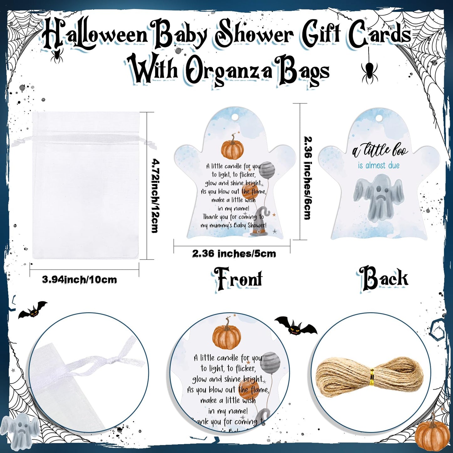 MTLEE 50 Sets Halloween a Little Boo is Almost Du Baby Shower Favors Cute Ghost Candles Unscented with Mini Ghost Thank You Cards Bags for Halloween Boo Gender Reveal Party Supplies (Blue)