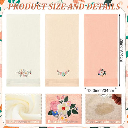 3 Pcs Boho Flowers Hand Towels Embroidered Modern Flowers Bathroom Decor 14x29