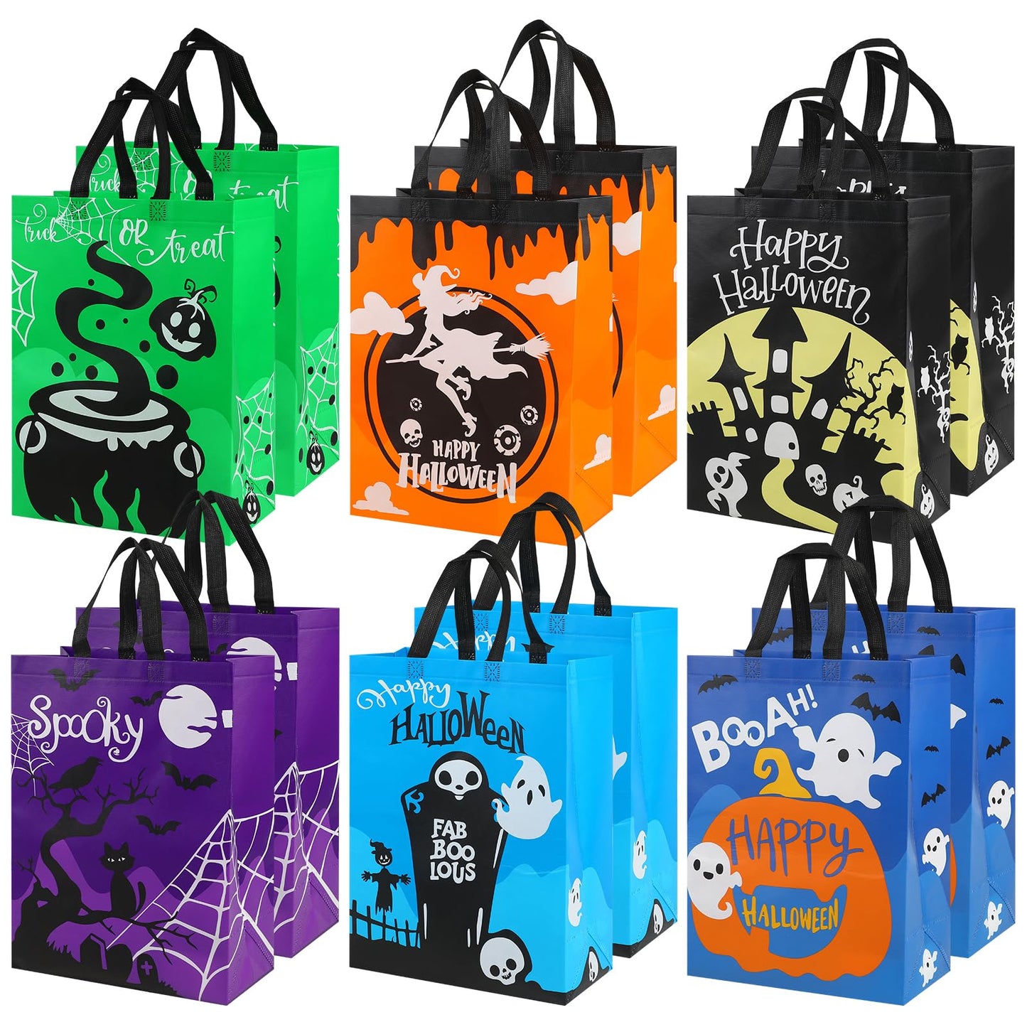 CCINEE 12PCS Halloween Non-Woven Bags with Handle，Large Size Reusable Halloween Trick or Treat Tote Bags for Party Favors Supplies，15.7"×11.8"×5.9"