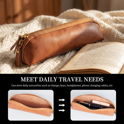 NANRUIL Pencil Case Cover Genuine Leather Pencil Pouch with Zipper Pen Sleeve Bag,Simple Sturdy Pencil Box for Men and Women.Brown