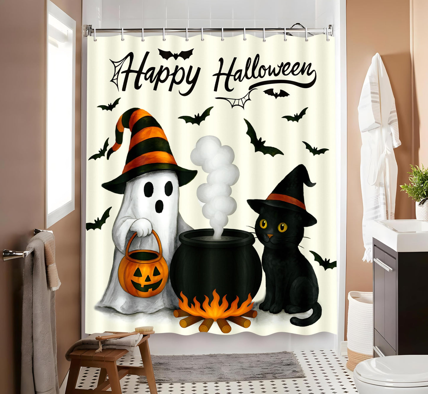 Tieshankao Halloween Bathroom Decor Ghost Cat Pumpkin Shower Curtain Spooky Decorations with 12PCS Hooks 72x72 Inch