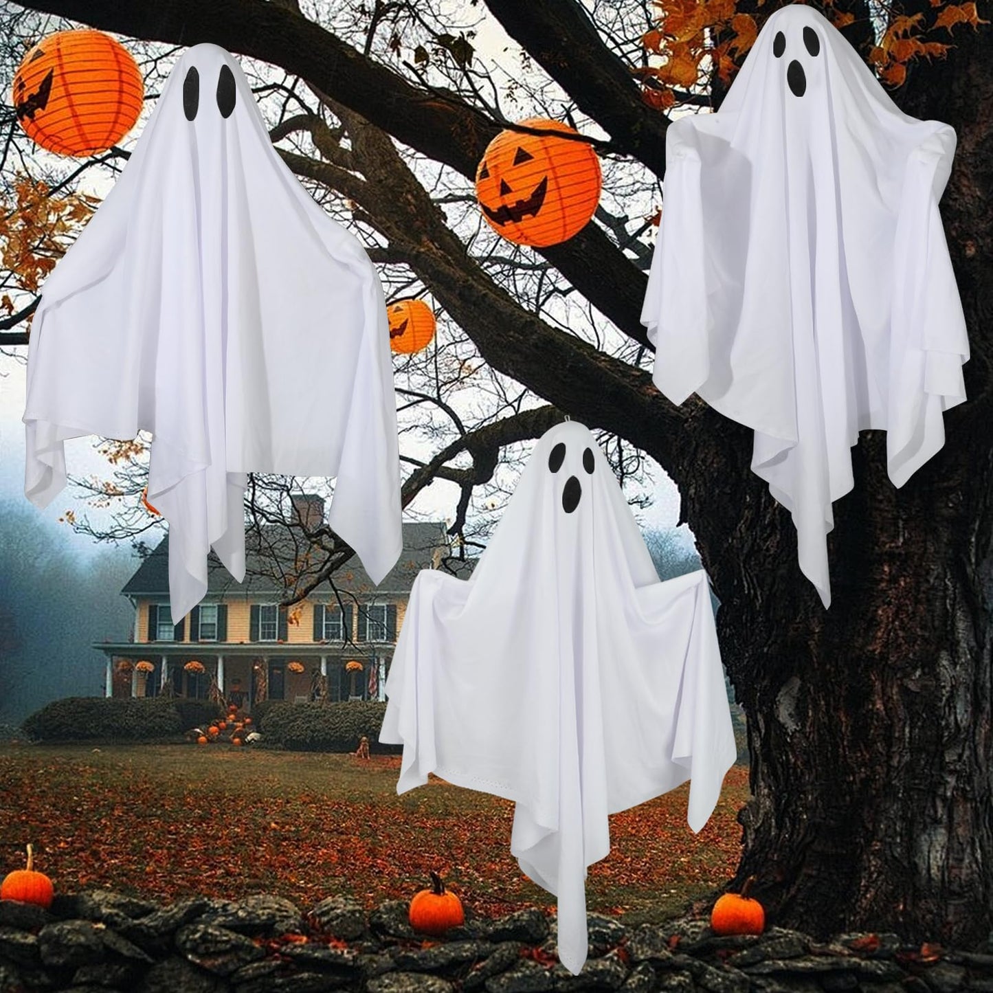6 Pack Halloween Hanging Ghost Decorations 27.6" Halloween Outdoor Hanging Ghosts White Flying Fabric Ghosts Decorations for Outdoor Front Yard Patio Lawn Garden Trees Party Decor