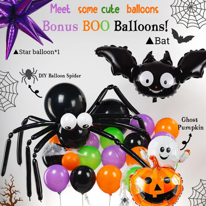 Halloween Balloon Garland Arch Kit 100+pcs Orange and Black Purple green balloons with Spooky Bat Pumpkin foil Balloons spider web for fall Halloween Party spooky-themed birthday Decorations