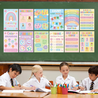 12Pcs Calming Corner Posters for Classroom Calm Down Pastel Emotions Feeling Poster for Kids Inspirational Back to School Wall Decor Motivational Mental Health Posters for Office Home Teacher Supplies