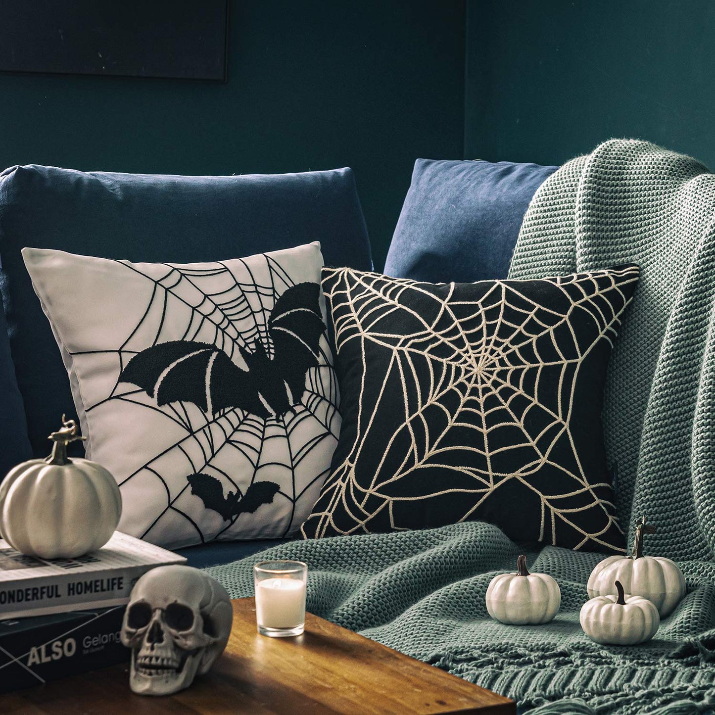 Phantoscope Set of 4 Happy Halloween Decorative Throw Pillow Covers, Handcrafted Embroidery Spider Web Black Bats and Cute Ghost Pillowcase Cushion Cover, Black and White, 18 x 18 inch, 45 x 45 cm