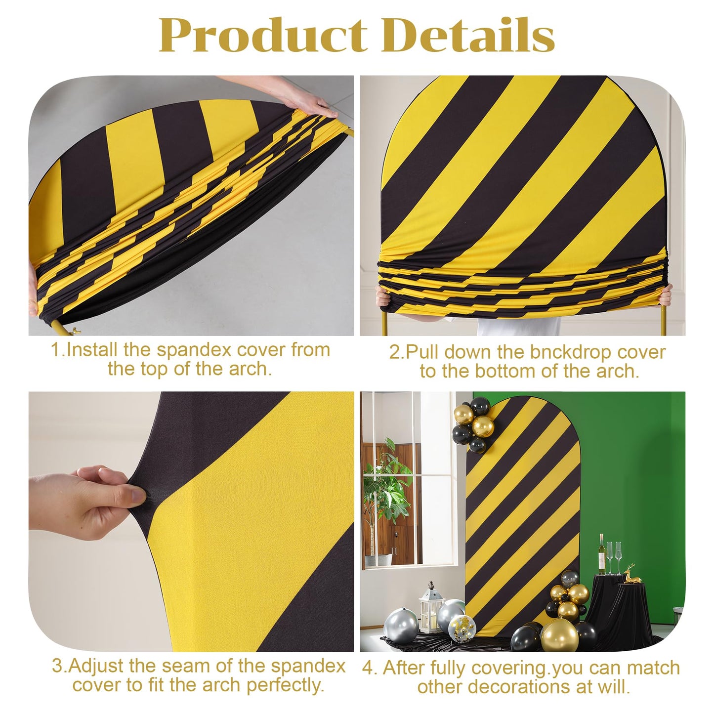 6.6FT Arch Cover Black and Yellow Stripe Bakcdrop Cover Spandex Arch Stand Cover Reversible Striped Arch Backdrop for Baby Shower Birthday Boys Gender Reveal Construction Theme Party Photo Background