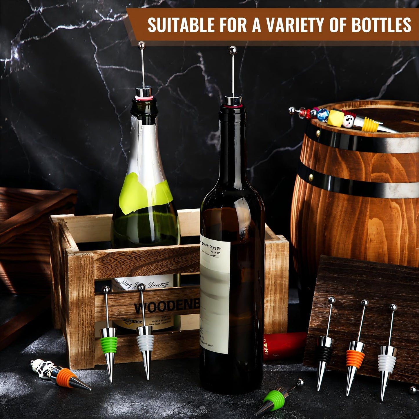 Tandefio 24 Pcs Beadable Wine Stoppers Bulk Bottles Decorative Beadable Wine Bottles Stopper Reusable for Beverage Gifts Holiday Party Wedding Bar