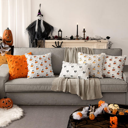 MIULEE Halloween Pillow Covers Decorative Fall Cute Ghost Plush Faux Fur Pillows 18x18 Inch Set of 2 Soft Pumpkin Accents for Sofa Couch Bed Living Room Festive Home Decor, White Bright Orange