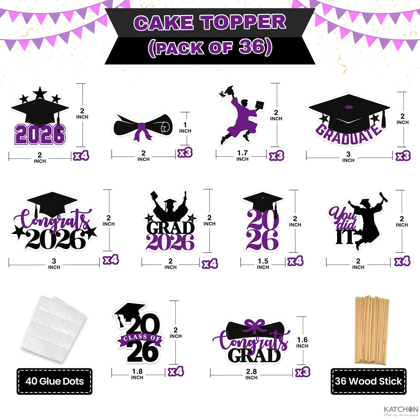 Graduation Decorations 2026 | Purple and Black Graduation Cake Topper 2026 - Pack of 36 | Graduation Cupcake Toppers 2026 for Graduation Decorations 2026, Dessert Toppers Grad, KatchOn