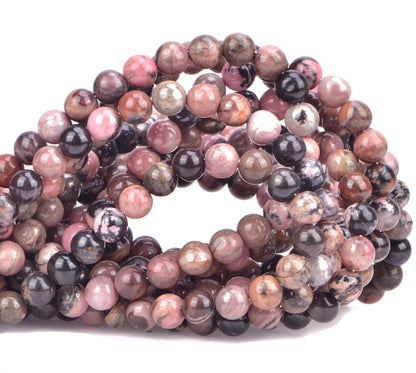 100PCS Gorgeous Black Stripe Rhodonite Natural Gemstone Loose Beads 8mm Smooth Round DIY Bracelet Necklace for Jewelry Making (Pink Black Rhodonite, 8MM)