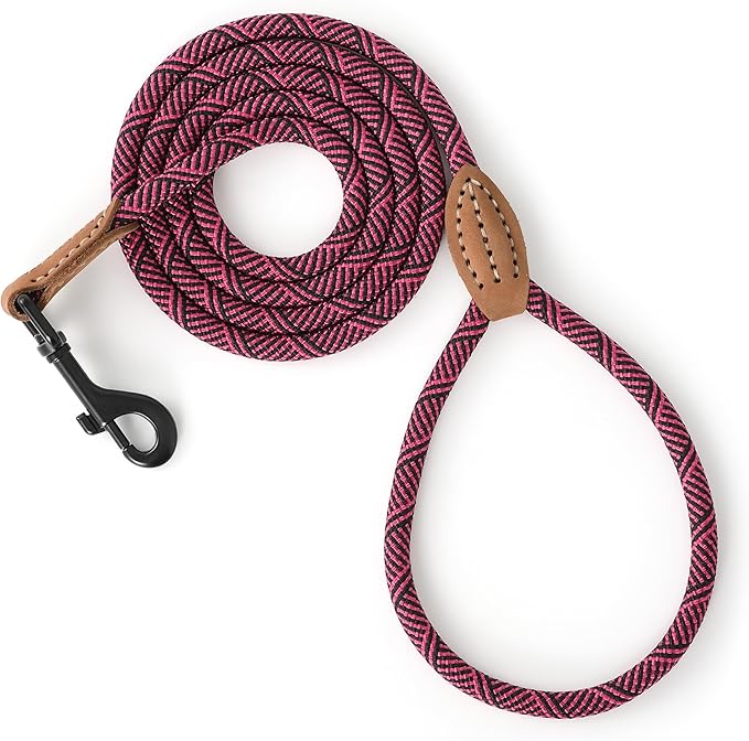 Mile High Life Small Dog Leash, Thin Rope Leash with Genuine Leather Connection and Heavy Duty Metal Clasp, Great for Small Medium Dogs(Pink,48 Inch-1/3)