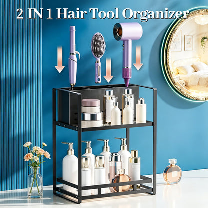 SanDream Hair Tool Organizer Bathroom Countertop, 2-Tier Metal Bathroom Organizer with Blow Dryer Holder, Large Capacity Space-Saving Vanity Shelf for Perfume, Skincare & Makeup Storage (Black)