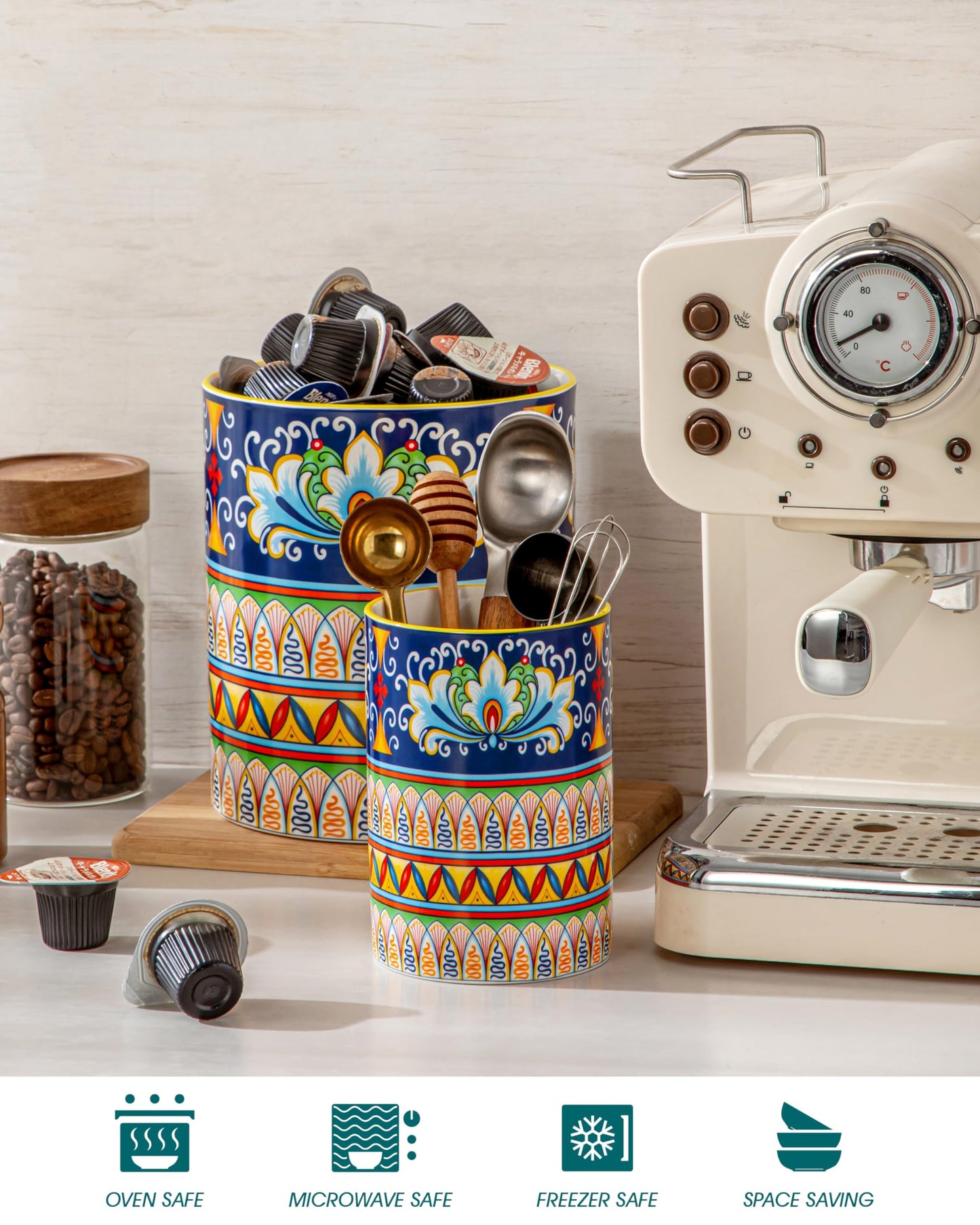 vancasso SIMI Utensil Holder, 7.3"+5.5" Porcelain Kitchen Utensil Holder for Countertop, Bohemian Kitchen Utensil Organizer for Spatulas, Spoons, Decorative Counter Utensil Crock, Celestial Harmony