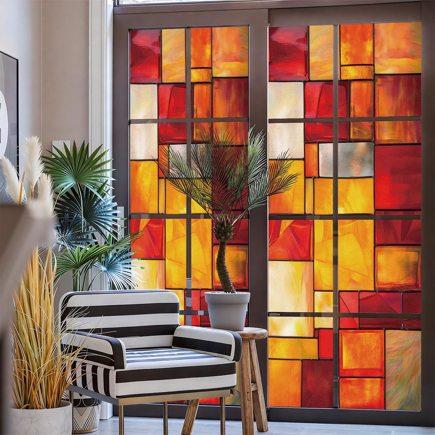 AOHMPT Stained Glass Window Privacy Film Static Cling - Rainbow Glass Decorative Sun Blocking Window Covering, Non-Adhesive Removable Stickers for Home & Office, 17.5" x 39.3"