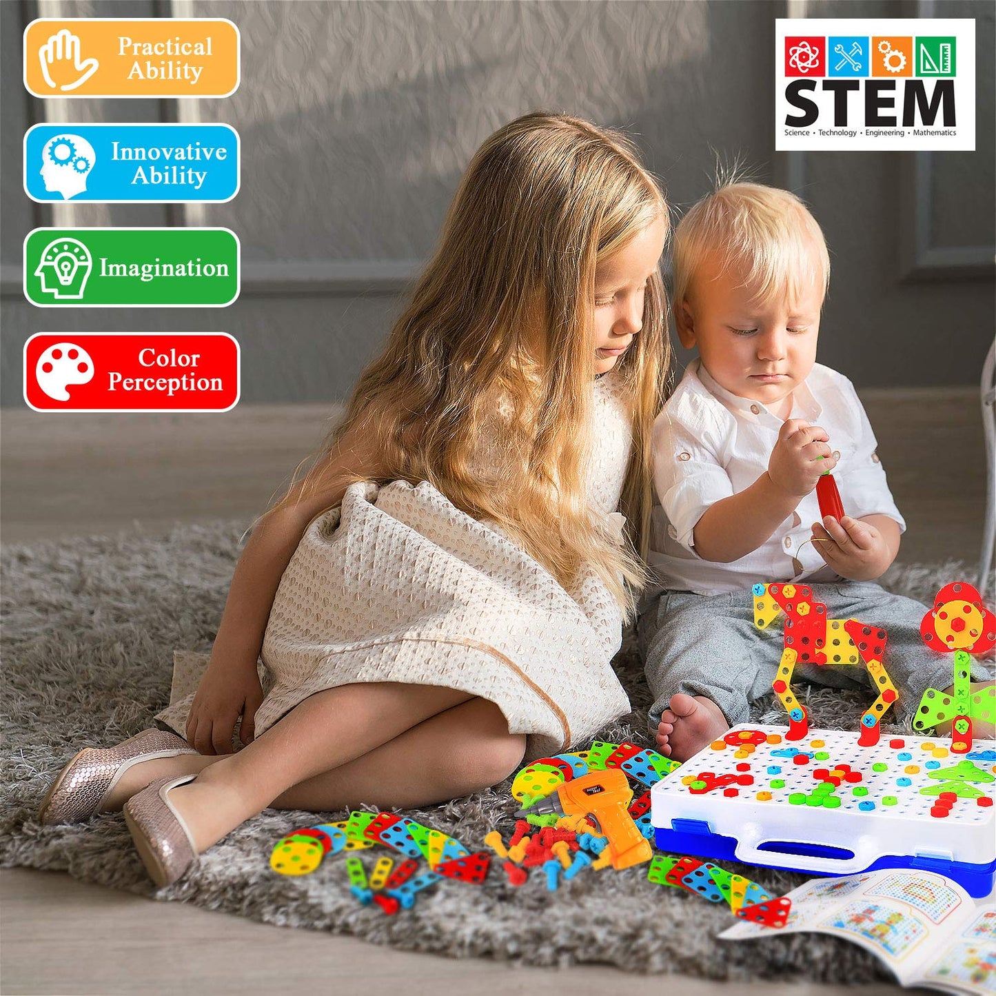 HAPTIME Design and Drill Toy,Educational Toys Building for Kids Ages 3-8,STEM Toys for 3 4 5 6 Year Old,193 Pcs Electric Drill Toy,Magic Montessori Play Toolbox for Toddler Boys Girls Preschool