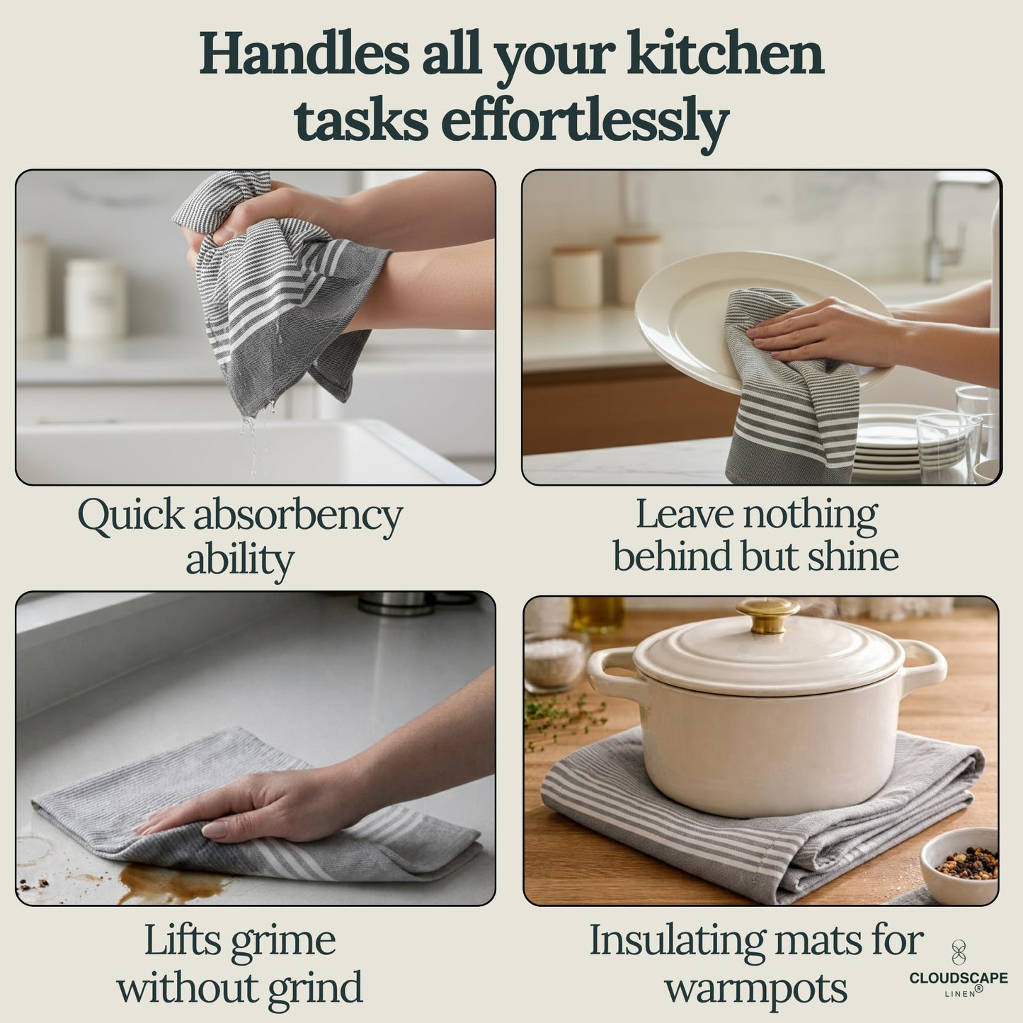 CLOUDSCAPE Kitchen Towels, Set of 12, Premium Cotton Dish Towels for Kitchen, 18" x 28" Oversized Hand Towel, Quick Absorbent & Drying Tea Towel with Hanging Loop - Grey