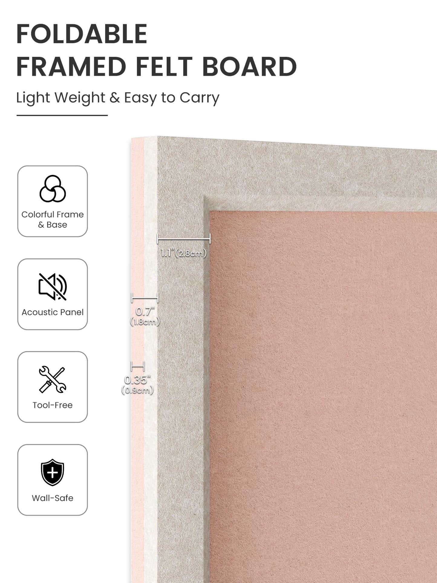 Fluxynara Foldable Cork Board Alternative, Felt Bulletin Board 23.6" x 17.5" Oatmeal Frame with 12 Adhesive Tabs, Pin Board for Home Office, Classroom, Entryway, Kitchen Wall Decor—Pink